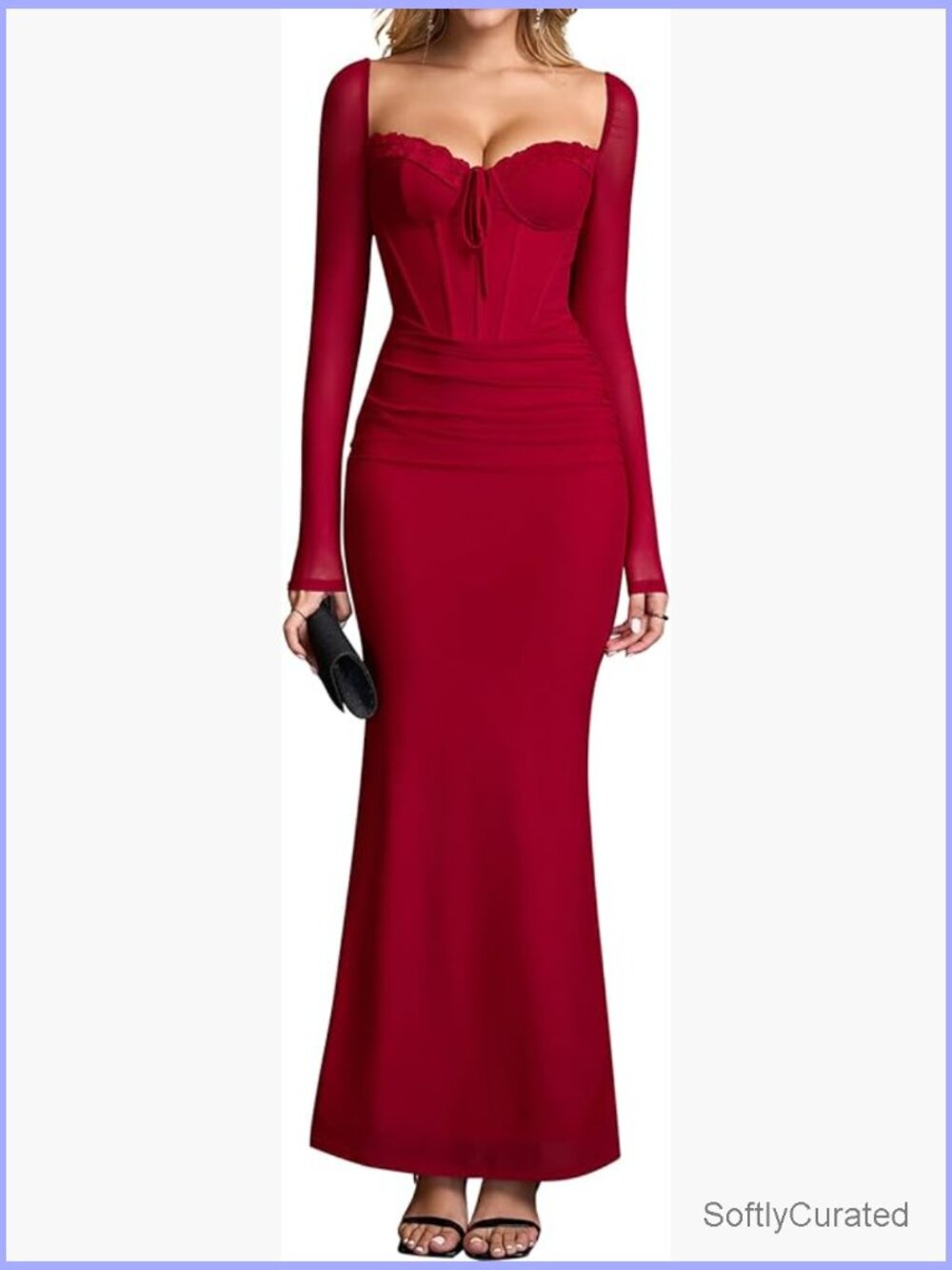 Long Sleeve Corset Bodycon Ruched Mesh Maxi Dress